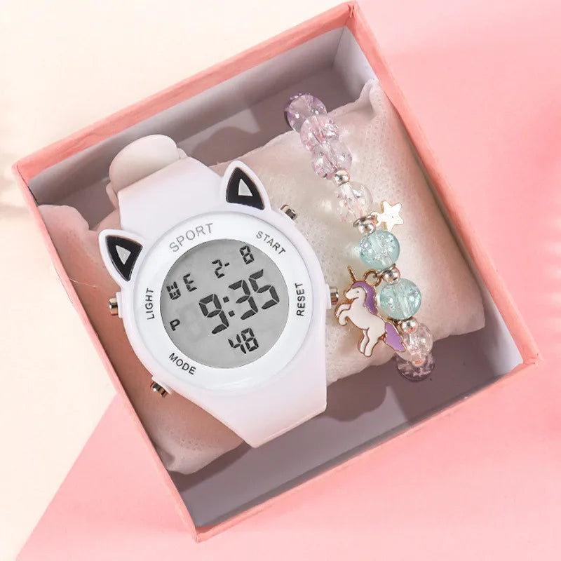 【Watch + Bracelet】Cat Ear Children's Silicone   Multi Functional Sports Electronic  Unicorn Bracelet Set