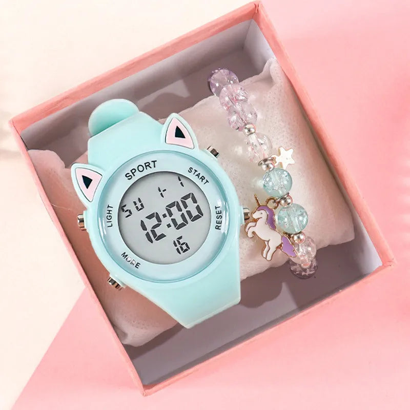 【Watch + Bracelet】Cat Ear Children's Silicone   Multi Functional Sports Electronic  Unicorn Bracelet Set