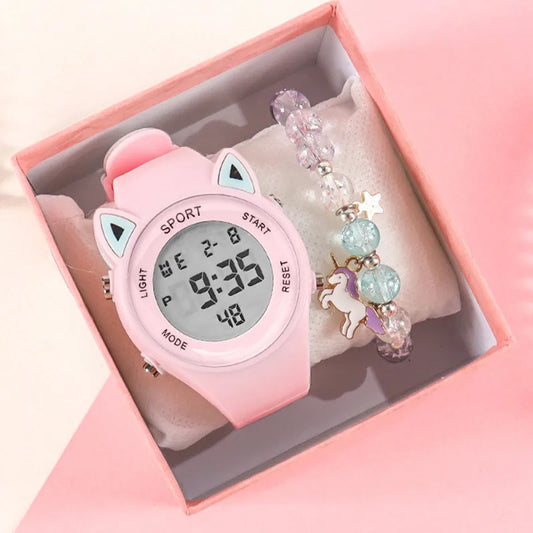 【Watch + Bracelet】Cat Ear Children's Silicone   Multi Functional Sports Electronic  Unicorn Bracelet Set